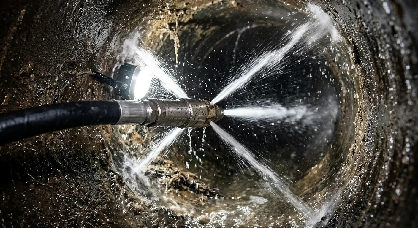 High-pressure hydro jetting nozzle cleaning sewer pipe for Emergency Drain Service in South Middleton