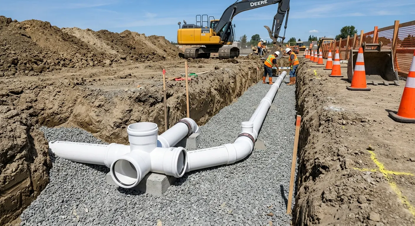 New PVC sewer pipe installation in open trench for Commercial Drain Cleaning in South Middleton