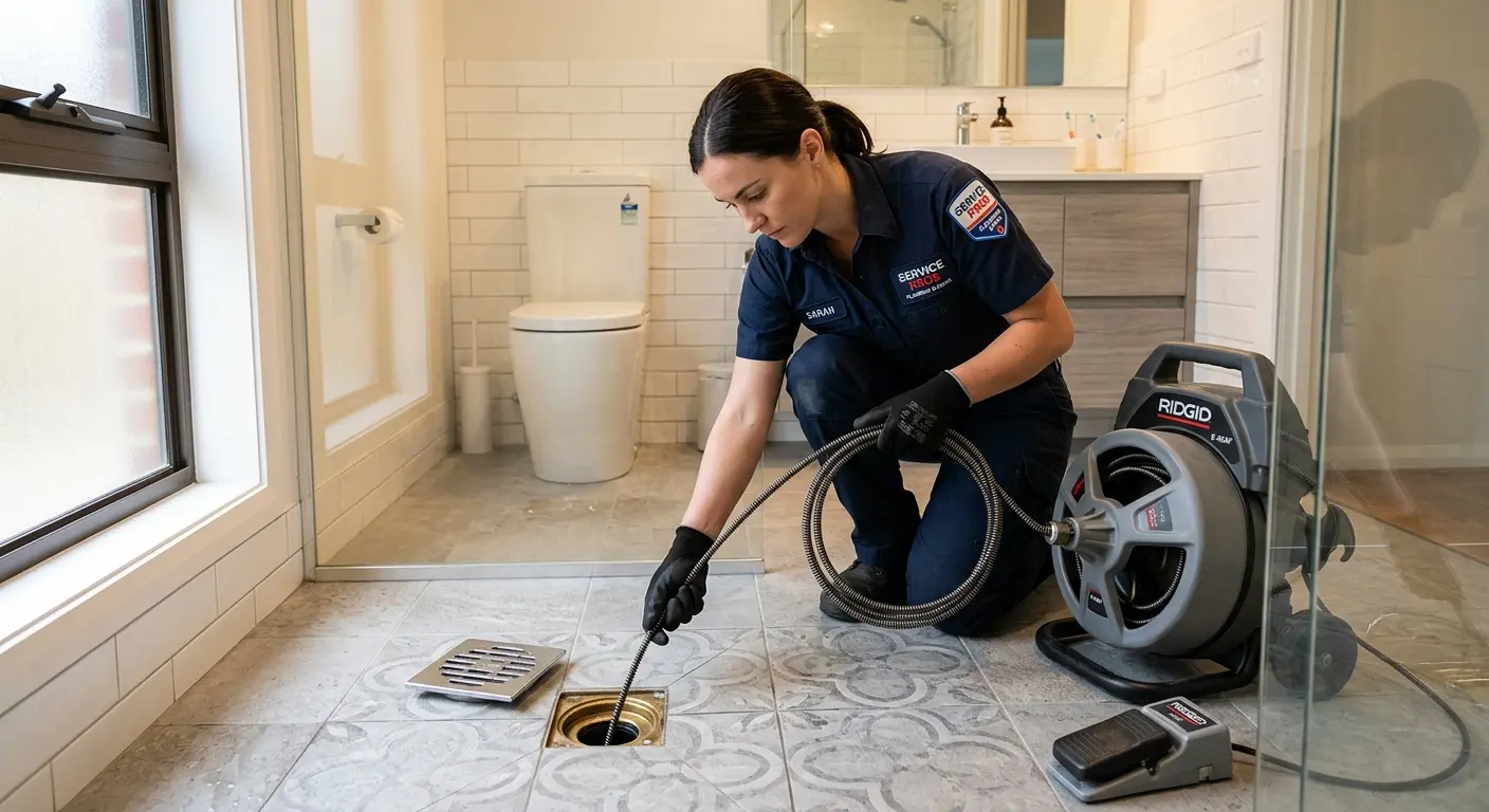 Technician clearing a bathroom floor drain for Drain Repair in South Middleton